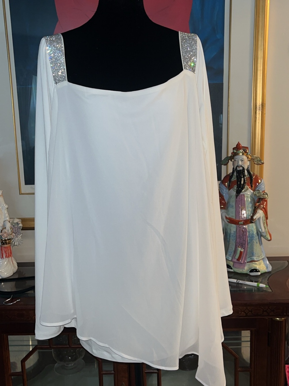 Women’s White Chiffon Blouse with Silver Sequin Straps